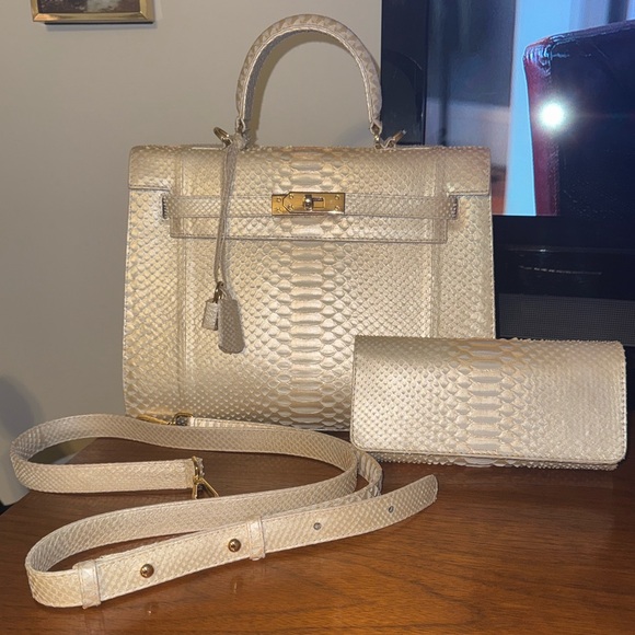 Custom White & Gold Python Handbag + Matching Wallet & Strap - Picture 1 of 9